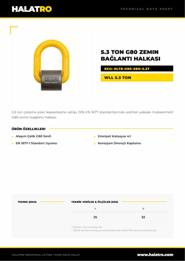 5.3 Ton G80 Zemin Bağlantı Halkası Teknik Veri Sayfası ve Ölçü Şeması - SKU: HLTR-G80-ZBH-5.3T